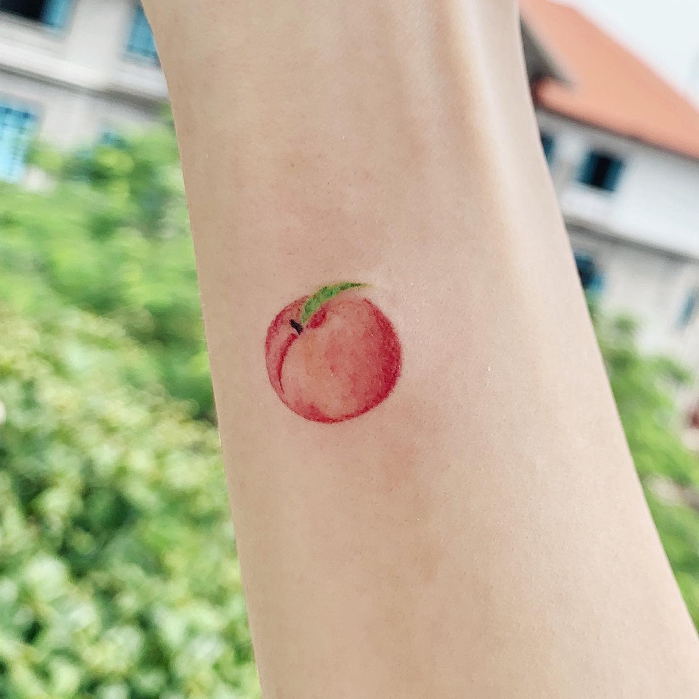 A small, colorful peach tattoo on a forearm